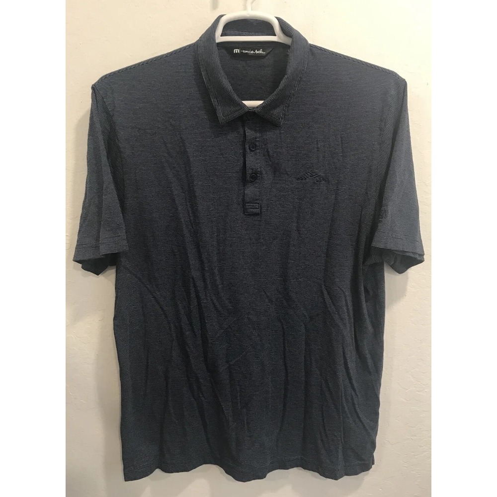 Travis Mathew Mens Golf Polo Sz L Shirt Navy Blue Striped Short Sleeve
